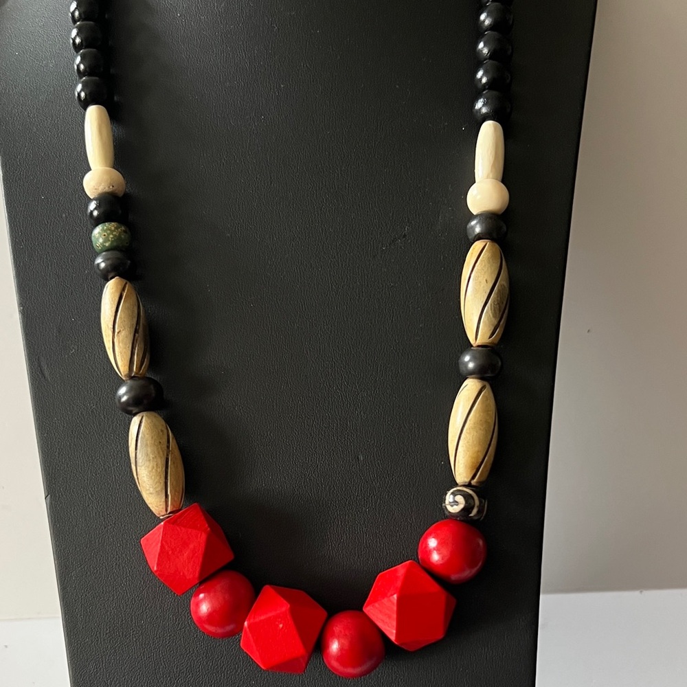 Handcrafted Boho Red Bead Statement Necklace With… - image 1